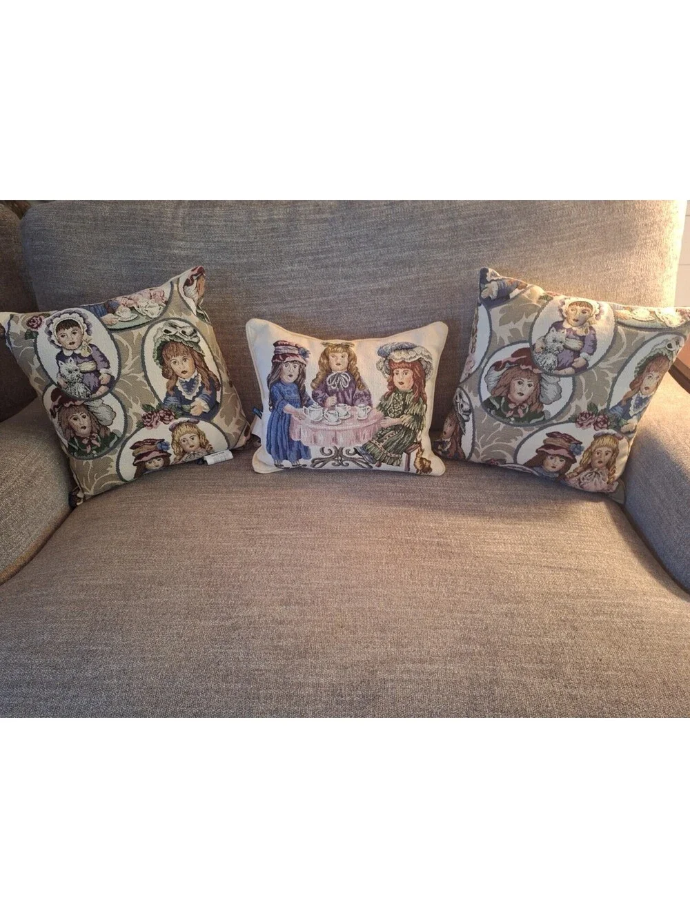 VTG 3pc Set Dakotah Tapestry Throw Pillows Victorian Dolls/Tea Party JCpenny